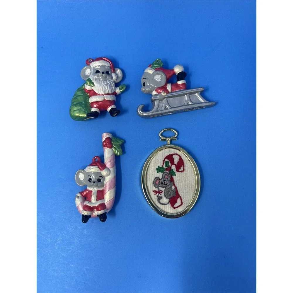 Vintage Christmas Mouse Mice Ceramic Ornaments Hand Painted Lot of 4 Collectible